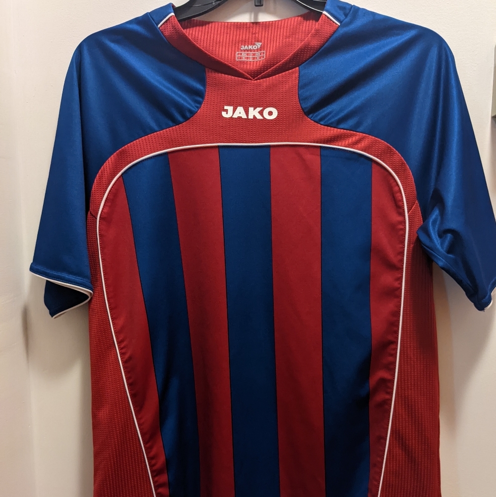 Jako men's small short sleeves red and blue striped soccer shirt